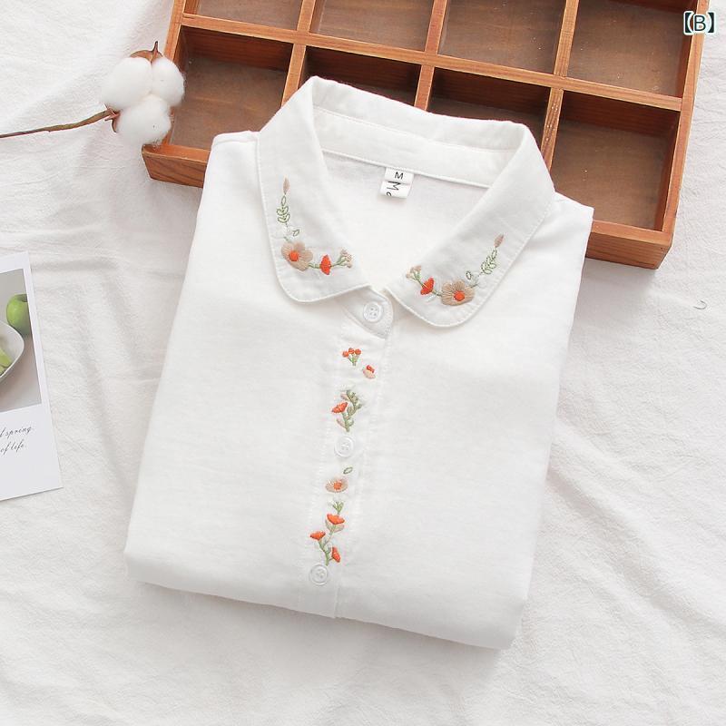 レディース 開衫 長袖 シャツ 刺繍 プリント コットン 素材 ゆったり シルエット 気質 通勤 スタイル 快適 日常 着用 秋冬 トップス ブラウス チュニック ボタン デザイン 葉柄 パターン 翻領 袖 普通 丈 ニュートラル カラー ベージュ グレ 3