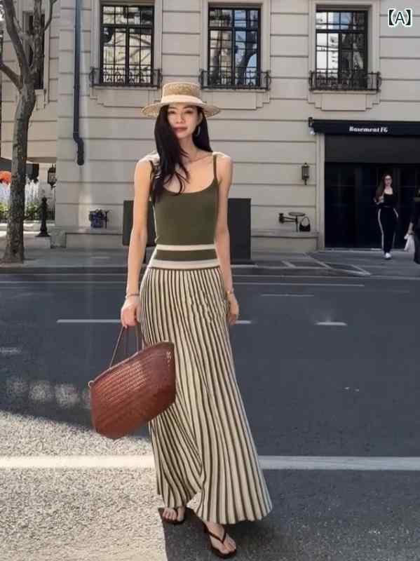 ・カテゴリ: 連衣裙・スタイル: 度假风・主な素材: 涤纶（聚酯纤维）30%（含）-50%（不含）、锦纶30%以下・パターン: 条纹/格子・スタイル: 吊带款・組み合わせ: 単件・スカート丈: 長裙・スカートタイプ: 一步裙・ネックライン: U字領・袖タイプ: 無袖・袖丈: 無袖・ウエストタイプ: 高腰・カラー展開: 緑色・サイズ展開: S、M、L、XL
