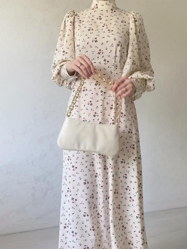 ワンピース レディース 春夏 長袖 長丈 フラワープリント Vネック 中腰 ルーズ フィット 系帯 刺繍 ステッチ 超大 フレア スカート ポ..