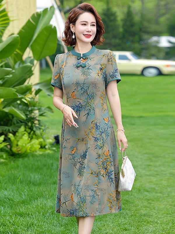 Other - ワンピース 中年女性用 夏 改良チャイナドレス A字 長め丈 短袖 丸首 セットインスリーブ プリント 花柄 ポリエステル繊維 赤 緑 芸術復古 中国風 ラップ 2024 夏季