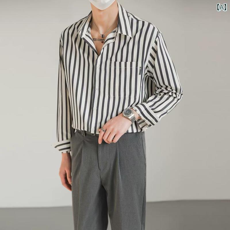 メンズ シャツ トップス 長袖 開襟 翻領 条紋柄 切り替え デザイン 薄手 涼しい 化繊混紡 ポリエステル 素材 ゆったり シルエット 香港スタイル トレンド 感 黒 緑 コーヒー 秋冬 季節 休闲 カジュアル シーン 免烫 加工 イージーケア 機能