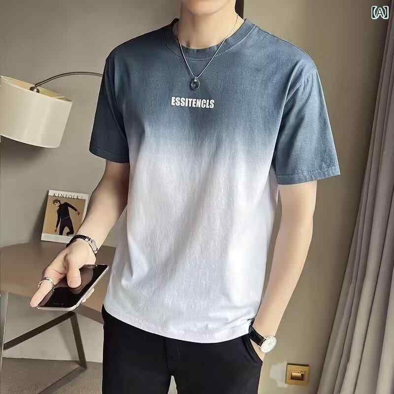 樂天商城 - メンズ Tシャツ 短袖 夏用 グラデーション 接触冷感 透気 薄手 合体型 ポリエステル 牛奶絲 印花 アルファベット柄 深藍 浅藍 青少年 レジャー 丸首 セットアップなし