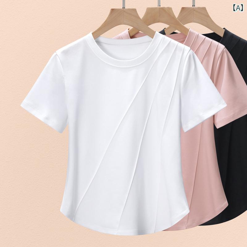 乐天商城 - Tシャツ レディース 短袖 接触冷感 シルクコットン 綿95% 氨纶 セットインショルダー 丸首 修身 ゆったり インナー 通勤 気質 柔軟 純色 マカロンカラー 白 黒 ピンク パープル 春季 青年 中青年