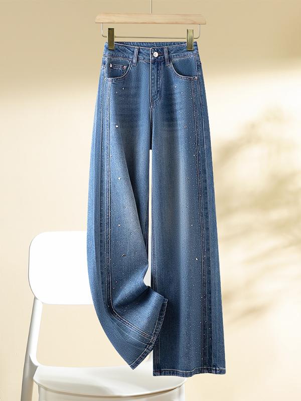 レディース ワイドレッグ デニムパンツ 春夏 ハイウエスト コットン素材 微弾性 ドゥーム加工 ブルー 直筒 ロング丈 垂感 軽量 普段使い 通勤 カジュアル デイリー 韓国風 洋気 スタイル