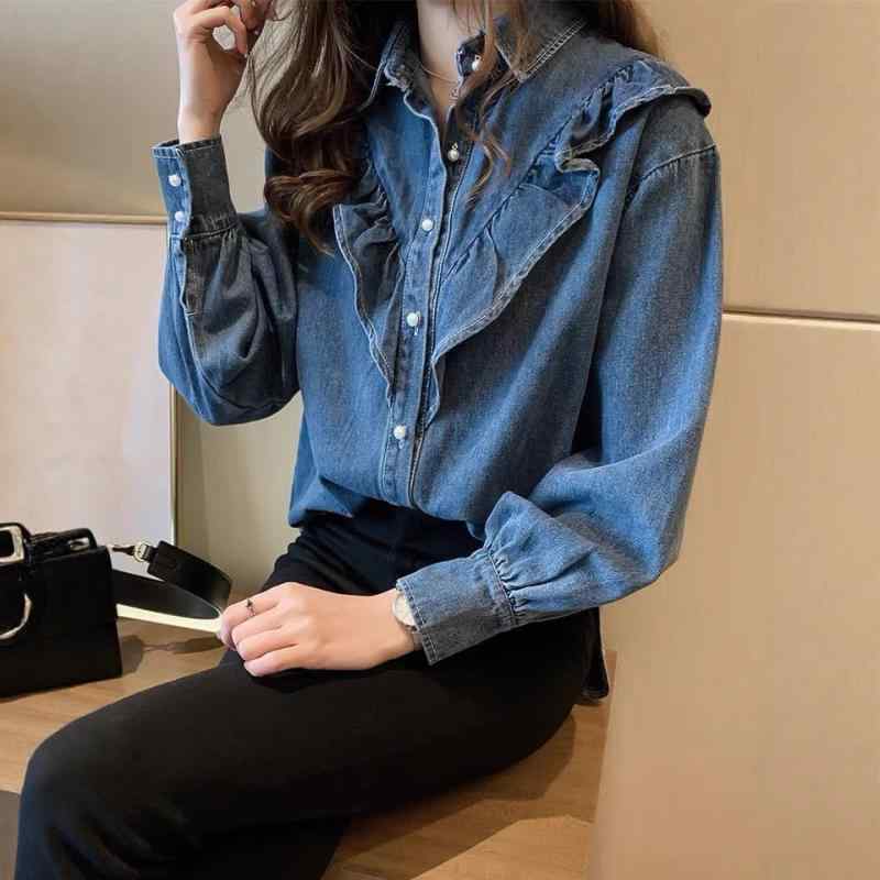 乐天商城 - シャツ 女性用 牛仔 ストライプ 柄 プリンセス 袖 フリル 縁 取り入れ ポロ 襟 長袖 トップス 気質 通勤 スタイル 優雅 風 ミックス 紡 ポリエステル 繊維 微 弾力 軽量 ゆったり シルエット 浅 藍 深 藍