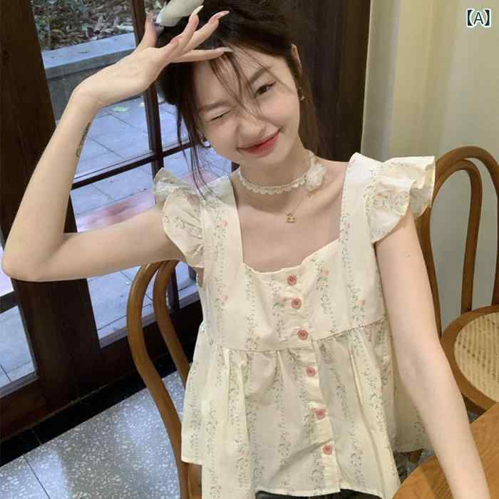 Other - シャツ 女性用 春夏 吊り帯 ノースリーブ フリル 袖 フレンチスタイル フラワー柄 プリント コットン混 ポリエステル 伸縮性 軽量 涼しい かわいい トップス ブラウス キャミソール デイリー デート 部屋着