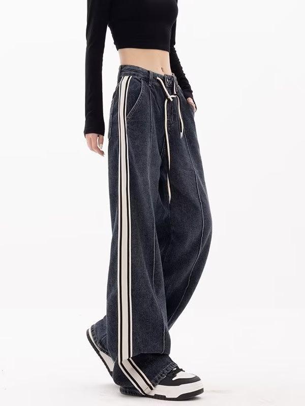 Other - レディース デニムパンツ ストレート ストライプ ドローストリング 高腰 スリム ワイドレッグ コットン ストレッチ ロング ゆったり 大きいサイズ 秋冬 ストリート カジュアル 洗い加工 ブルー グレー