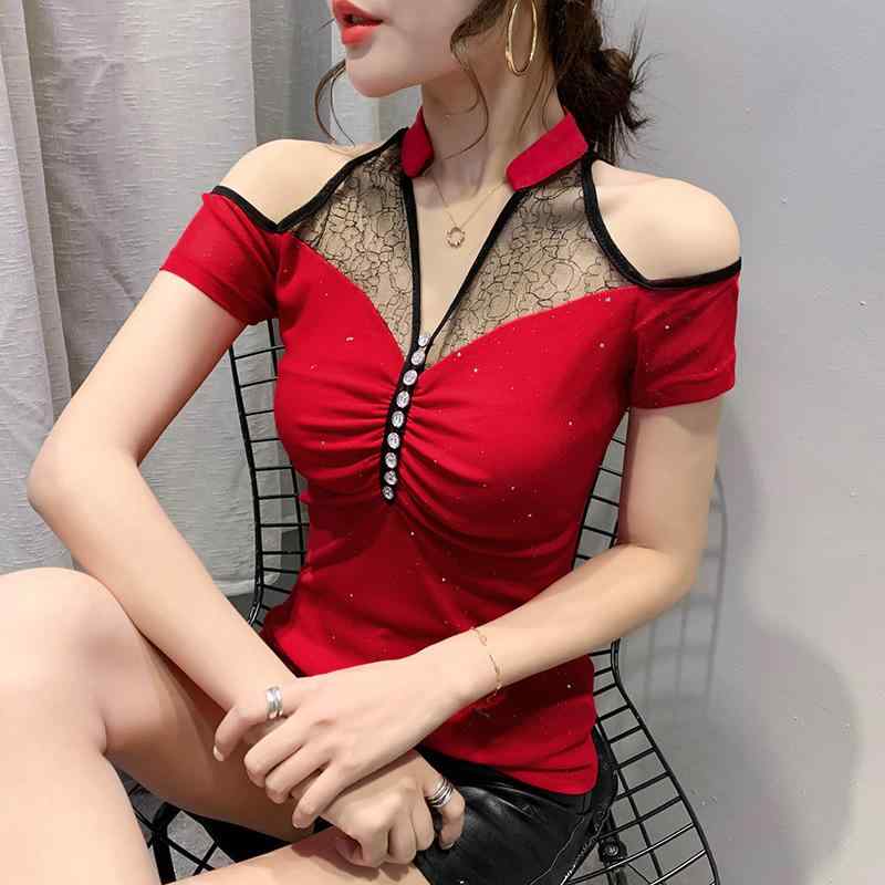 乐天商城 - Tシャツ レディース 春夏 Vネック 短袖 修身 セクシー 網纱 切り替え 小さなジルコニア ボタン 黒 赤 純色 ニット ナイロン 素材 快適 軽量 日韓 カジュアル スタイル 百搭 普段使い 通勤 トップス ビッグシルエット 伸縮性 ファッション ア