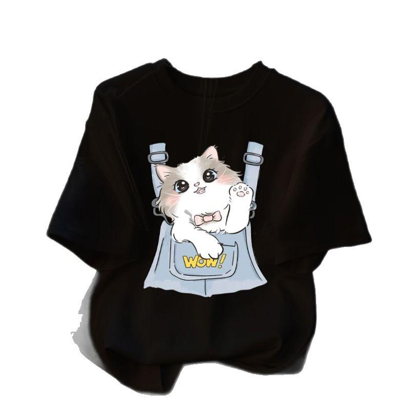 樂天商城 - Tシャツ 女性用 短袖 純棉 夏 動物プリント 猫 ウサギ 丸首 ゆったり ワイドシルエット ミドル丈 印花加工 韓国風 日常使い 杏色 黒 ピンク かわいい デザイン 百搭 カードガン アルファベット レイヤード