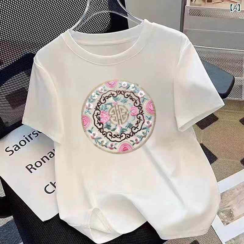 T-Shirts - Tシャツ レディース 春夏 短袖 純棉 中国風 インナー 打底衫 大きいサイズ 丸首 セットアップ 印花 馬卡龍色 白 黒 ピンク 日常使い 気質 優雅 日韓 カジュアル スタイル 95% 以上 綿 素材 普通丈 50cm 65cm 間 常规 袖 休闲風