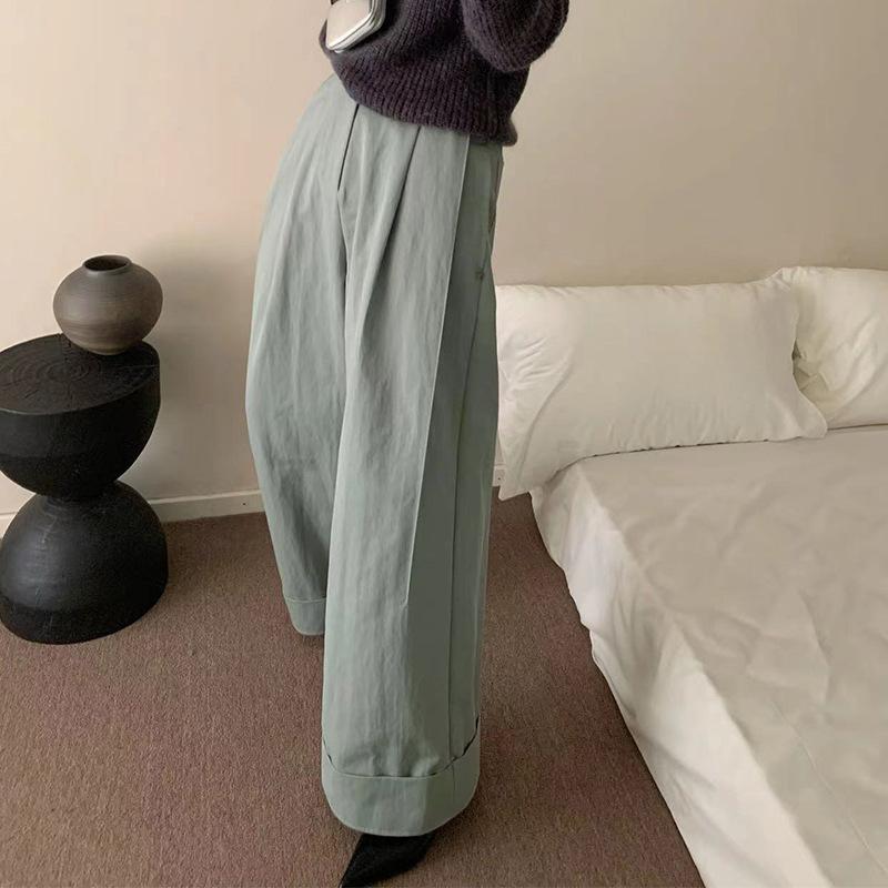 Cropped Pants - レディース ワイドパンツ 長丈 高腰 コットン 緑 卡其 韓国風 日常使い シンプル スリム ゆったり シルエット 口袋 無弾性 秋冬 厚手 95% 以上 コットン素材 クロップド ロングパンツ テーパード ワイドレッグ ストレート ロング コットン 生