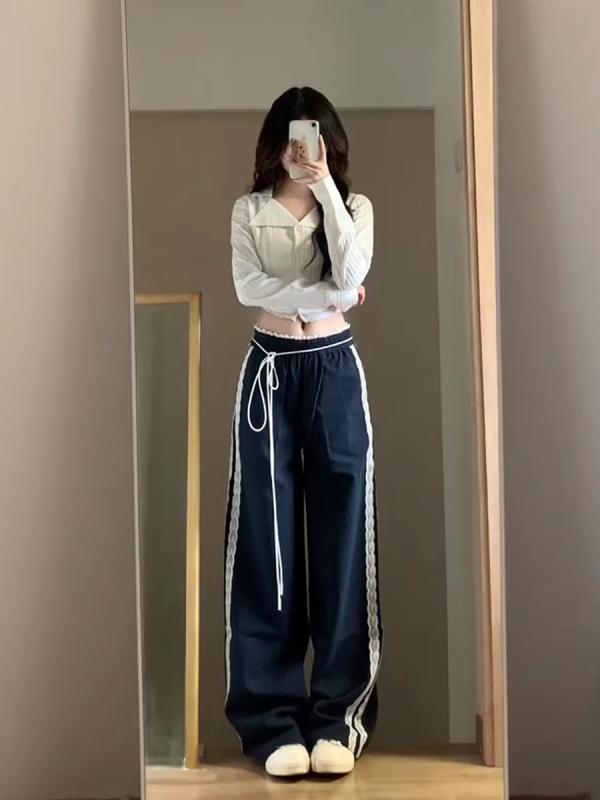 Capri Pants - レディース ワイドパンツ 春夏 ハイウエスト 切り替え ストライプ ポケット デザイン ゆったり シルエット 長丈 ポリエステル 素材 無弾性 快適 ミドル厚 日常 スポーツ 着用 ブルー