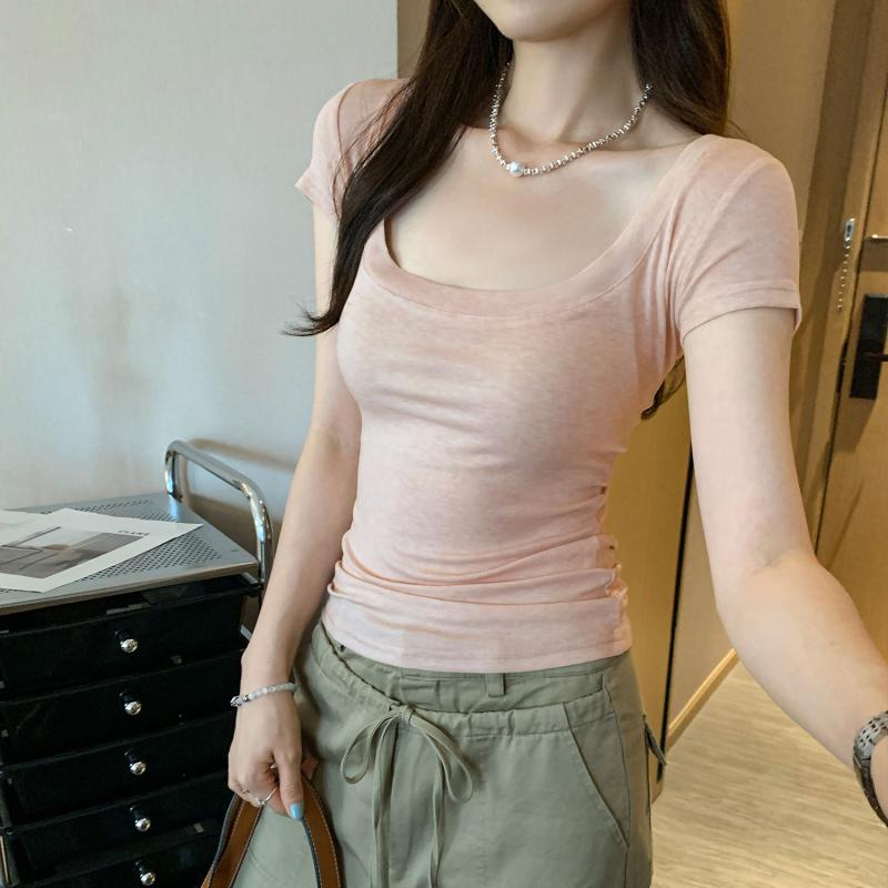 Tシャツ レディース 薄手 ピュアスタイル ピンク 黒 紺 白 Uネック ノーマルショルダー 短袖 天絲 レーヨン 修身 普通丈 通勤 気質 セットアップ風 吸湿速乾 軽量 コットン混 春夏 かわいい トップス 上品 女性用 ソフトタッチ 日常使い