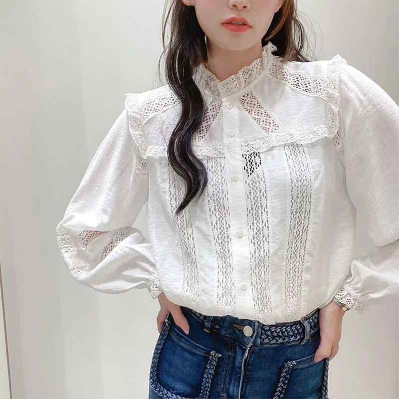 樂天商城 - 春夏 女性用 シャツ トップス 花辺 レース 切り替え 灯籠袖 フリル 領 長袖 コットン 再生繊維 純色 ワイドシルエット 気質 通勤風 単排ボタン 木耳辺 泡泡袖 荷叶領 普通丈 50-65cm