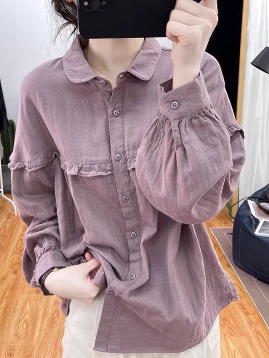 樂天商城 - レディース シャツ 長袖 灯笼袖 綿麻 素材 純色 切り替え デザイン 荷叶边 フリル ポリ領 ポロ襟 ゆったり ルーズフィット 通勤 スタイル 気質 香芋紫 色 白色 軍黄 色 春季 シーズン