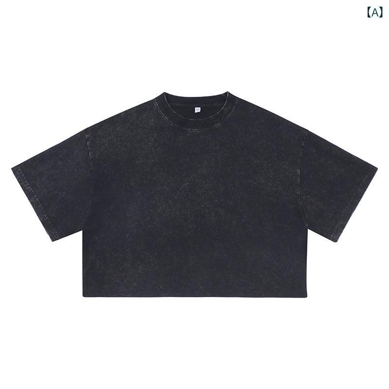 Garments - Tシャツ レディース 春夏 露脐 短袖 クロップド トップス 丸首 綿素材 ゆったり ルーズフィット かわいい セクシー ストリート ヒップホップ 風 砂洗い加工 做旧 加工 黒 紫 赤 普段使い 街着 通勤 デート 軽量 通気性 伸縮性 ブラック ピン