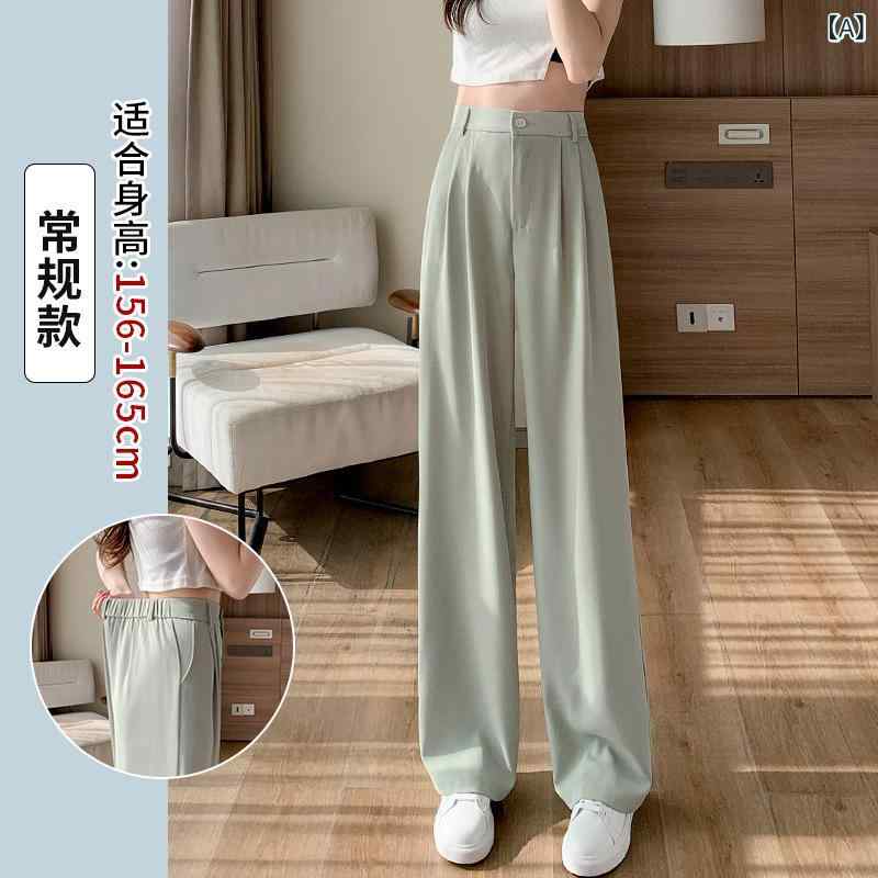 Capri Pants - レディース ワイドパンツ 春夏 高腰 薄手 雪紡 直筒 垂感 西装パンツ 金属糸 布 アウトドア 通勤 普段使い ミント ピンク ホワイト ブラック ポケット ミントグリーン ピンク系 ホワイト ブラック 軽量 伸縮性 再生繊維 微弾力 文艺風 復古 薄