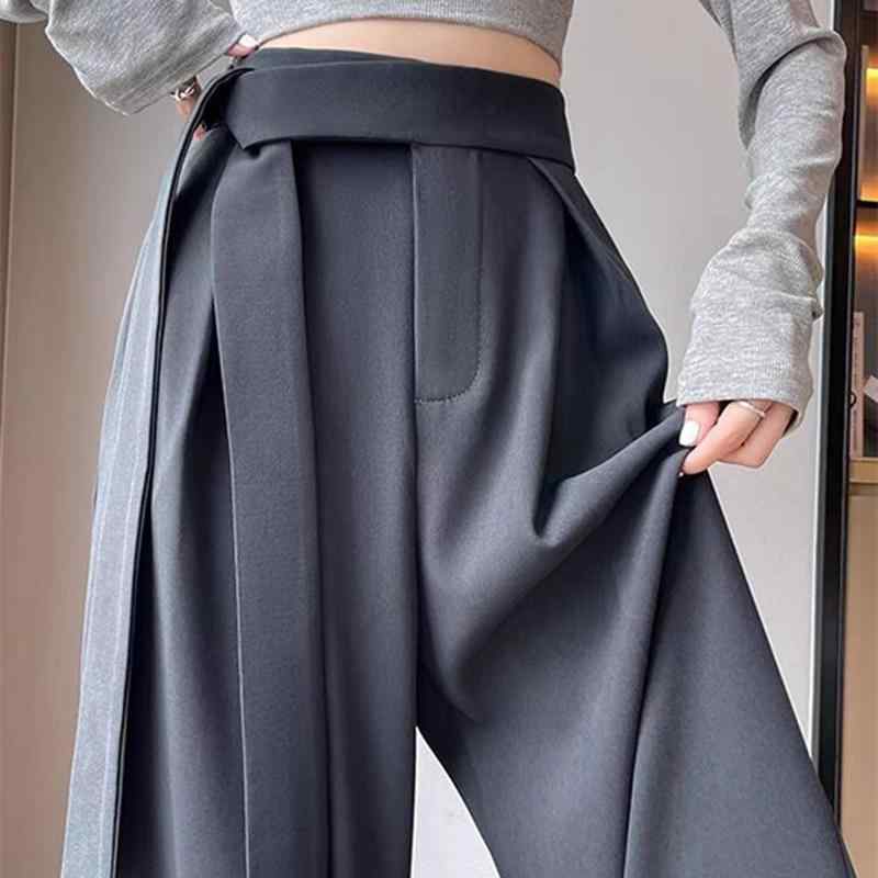 乐天商城 - レディース スーツ ワイドレッグパンツ 灰 黒 緑 高腰 ベルト付き 細身 夏 ゆったり 垂感 直筒 ロング 床引き 通勤 気質 スタイル 基本 ポケット ポリアエステル 中厚 無弾性 口袋