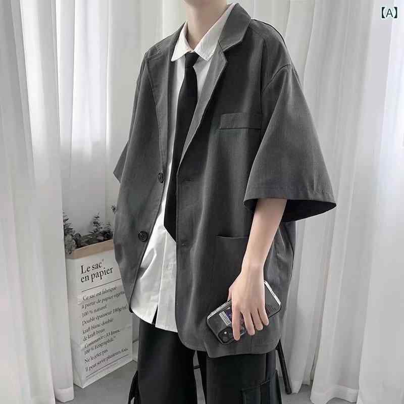 乐天商城 - メンズ ジャケット 韓流風 かっこいい ファッション トレンド 人気 短袖 外套 夏用 ゆったり スーツカラー ボタン ソリッドカラー コットン混紡 ポリエステル 長袖 ステッチポケット ストレートヘム グレー 黒 日常 ティーンエイジャー イージーケア