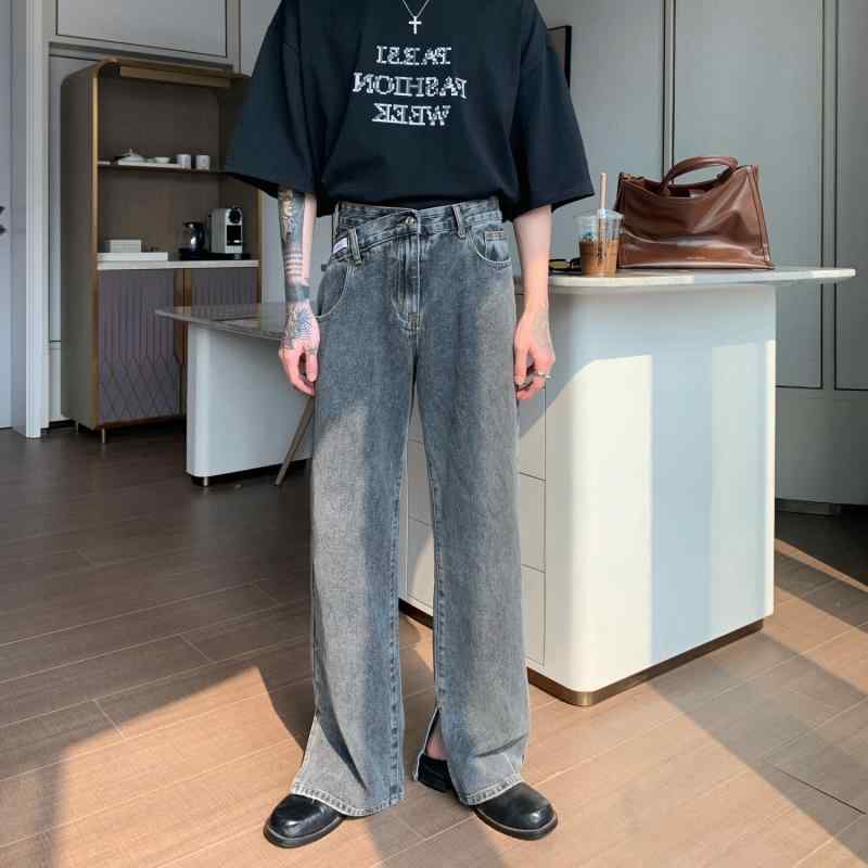 樂天商城 - メンズ ジーンズ ストレートパンツ ワイドレッグ ハイウエスト 韓国風 ゆったり 牛仔素材 浅色 水洗加工 ローテクス 裾 リラックス カジュアル デイリー ライトブルー グレー 綿混 ポリエステル 伸縮なし オールシーズン 青少年向け