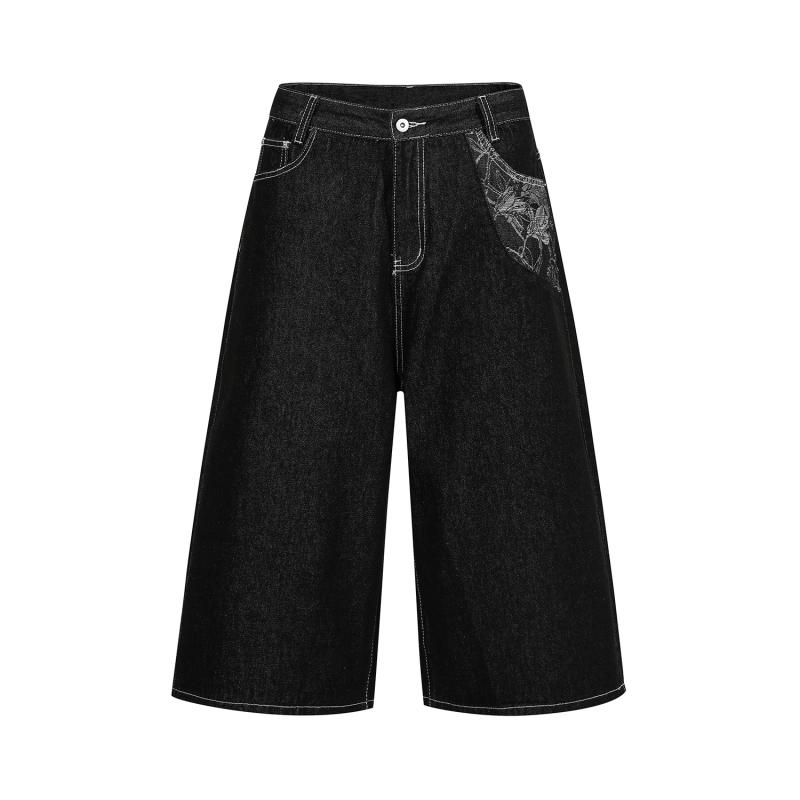 Pants - メンズ デニム ショーツ 黒 牛仔布 綿 素材 刺繍 デザイン オリジナル ビンテージ風 ワイド ルーズ フィット 中腰 ボタン 開襟 ストレート 七分丈 水洗加工 無弾性 直筒 裾 ストリート スタイル カジュアル 普段使い 青少年 向け オールシーズ