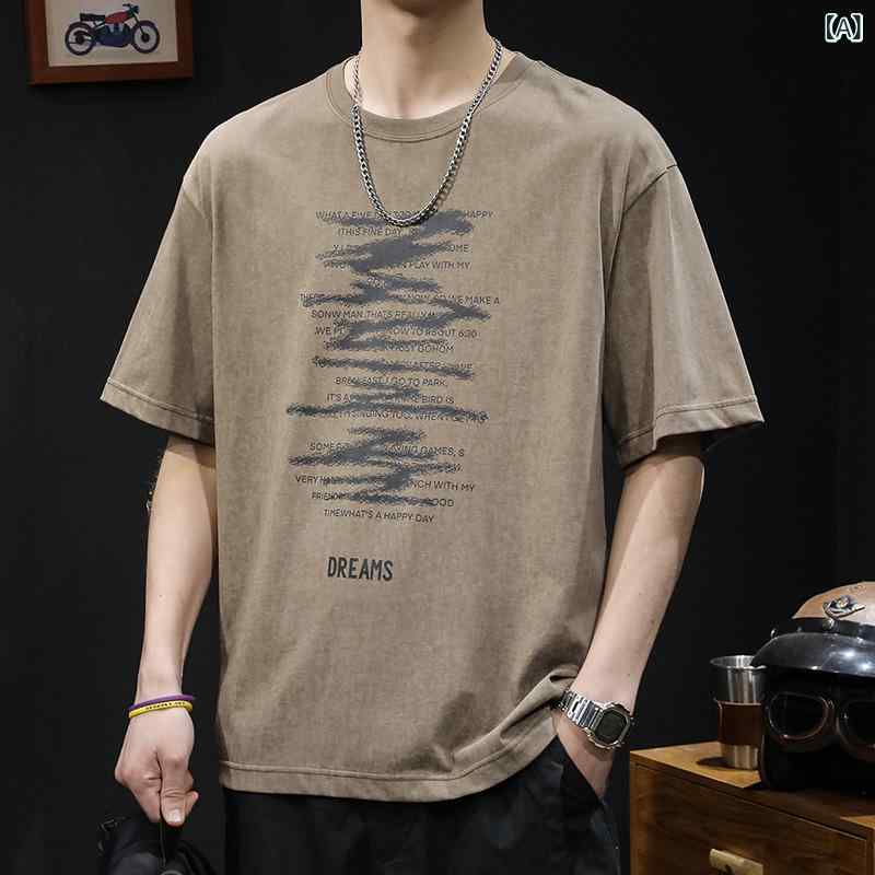 メンズ Tシャツ 半袖 短袖 丸首 ゆったり 綿混紡 透気性 薄手 夏用 日常使い 印花 アルファベット柄 コーヒー ダークグレー 18-24歳向け 青年向け