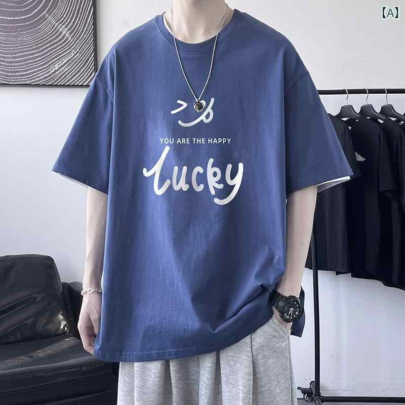 乐天商城 - Tシャツ メンズ 短袖 綿100% 薄手 ゆったり 夏用 透気性 耐久性 笑顔プリント 丸首 セットインスリーブ ブルー ブラック ホワイト ストリートスタイル 青春カジュアル 18-24歳向け