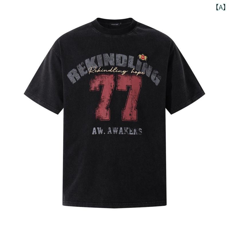 乐天商城 - 短袖Tシャツ メンズ レディース 2025年 美式 復古 デザイン 純棉 素材 300g 厚手 刺繍 加工 アルファベット プリント ルーズフィット 丸首 夏用 黒 杏色 休闲 スタイル かわいい グラフィック トップス ゆったり シルエット 日常使い