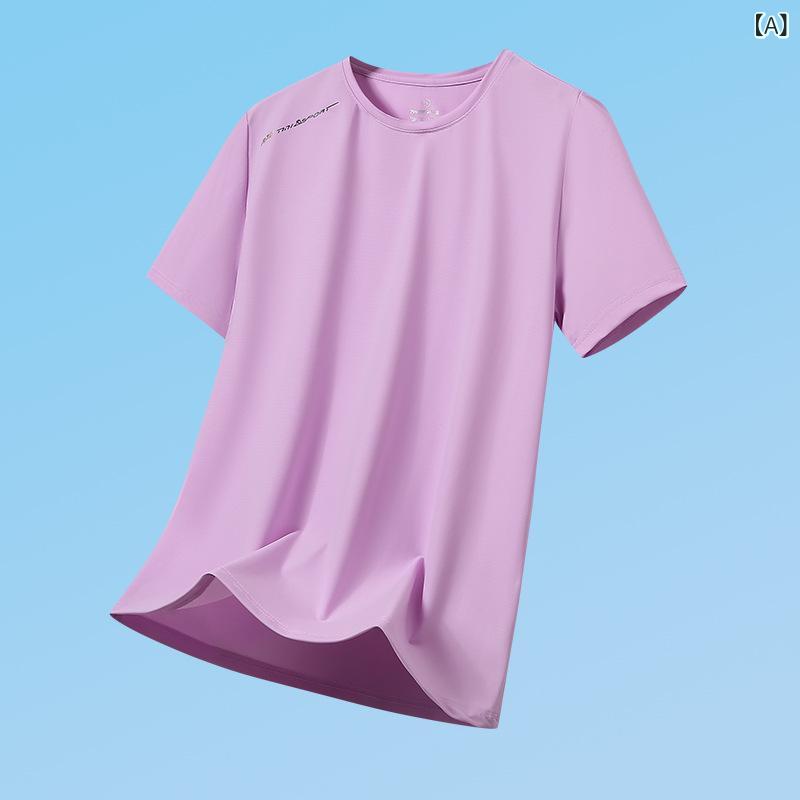 Tシャツ メンズ レディース 短袖 丸首 薄手 ポリエステル 混紡 透気性 シンプル 修身 印花 字母柄 夏 黒 白 カーキ ミントグリーン グレー ピンク 紫 青年 青春 カジュアル 運動 ランニング アウトドア 普段使い