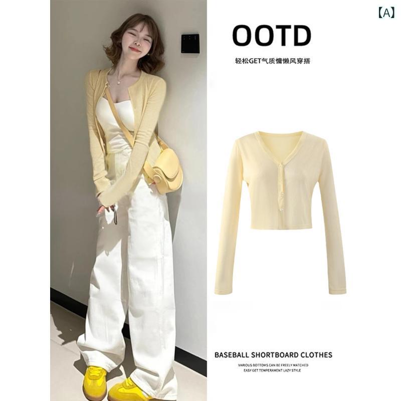 Other Jackets Jumpers - レディース 防晒 開衫 吊帯 セット 長袖 カーディガン 薄手 黄色 春季 純色 修身 ポロ 領 ボタン 長袖 3D 立体 柄 免 アイロン 天竺 紡績 糸 アクリル 系 弾性 糸 混紡 私服 御姐 風 成人 女性 外套 上衣 短め 普通 丈 50cm
