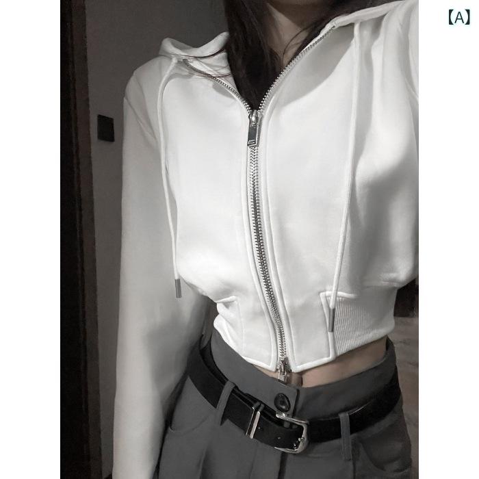 Coat - パーカー レディース 春秋 収腰 薄手 コットン ポリエステル 長袖 フード ジップ 開衫 白色 短丈 ゆったり 気質 街頭 運動 トップス 日常使い カジュアル