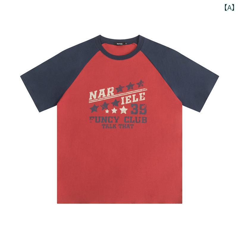 Rakuten - Tシャツ メンズ レディース 夏 短袖 ゆったり コットン 100% 綿 素材 アルファベット プリント 赤 色 青 色 学院風 インスピレーション スタイル 休日 普段使い トップス ルーズフィット ラウンドネック セットインスリーブ プリント加工 青