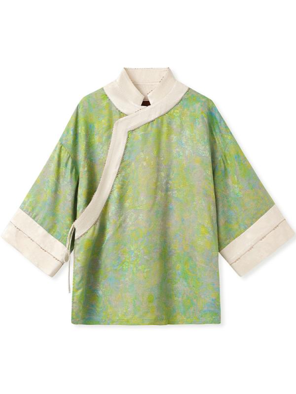 レディース 開衫 外套 トップス 女性用 秋 薄手 長袖 立領 系帯 刺繍 植物花卉柄 緩いシルエット 普通丈 綿混素材 緑 葱緑 復古風 国風 芸術的 単品 中国風 刺繍デザイン 軽量 快適 秋用 上着 コート ブラウス シャツ カーディガン ロング丈