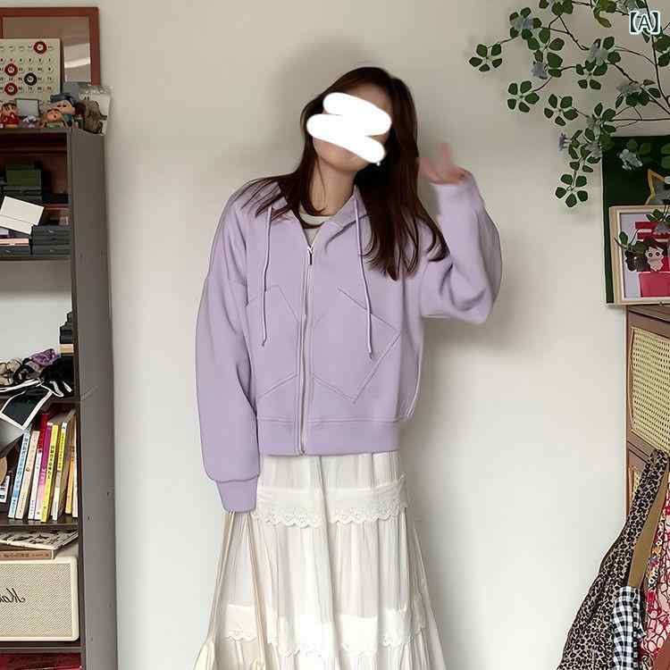 Other Jackets Jumpers - レディース 開襟 フーディ ジップアップ 長袖 紫 秋 綿混 ポリエステル 空気層 生地 A ライン ミドルゲージ ワイド ショート レイヤード トップス カーディガン スウェットシャツ コート ジャケット 私服 甘め クール 女性 服 春秋 薄手 ゆっ