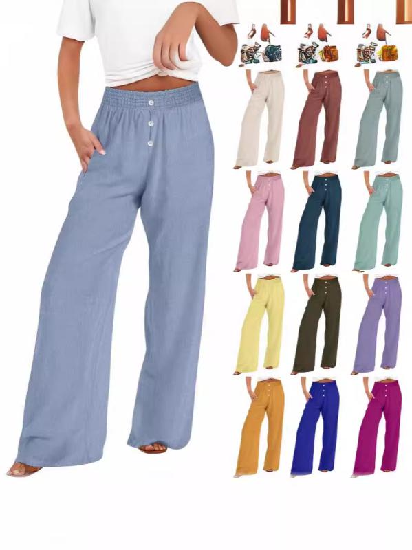 Capri Pants - レディース ワイドパンツ コットンリネン ハイウエスト ゆったり 大きいサイズ 直筒 ロング 気質 通勤 都市 快適 休闲 運動 スタイル 無弾力 彩藍 緑 ピンク 麻 ポリエステル 70% 80% 欧米 春夏 2024 夏季 女 クロスボーダー