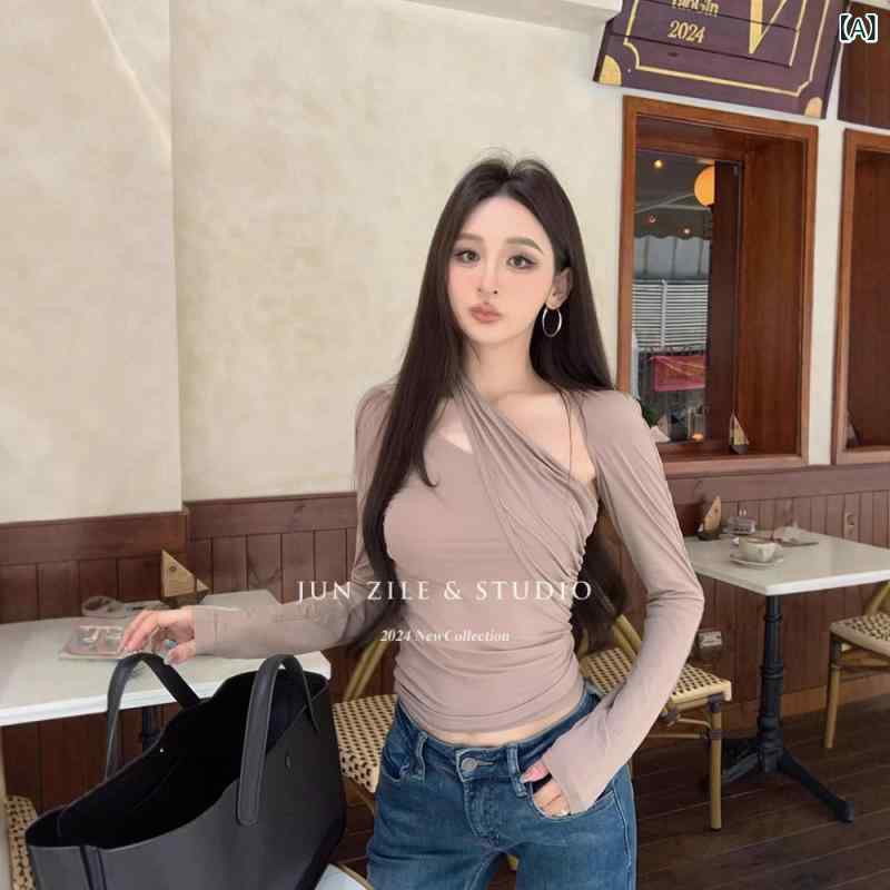 乐天商城 - レディース Tシャツ 長袖 修身 スリムフィット 気質 通勤 インナー 不規則 ヘムライン 短丈 ハングネック セットアップ ミルクティー 黒 ポリエステル イージーケア 秋 秋冬 ヨーロッパ アジア向け 均一サイズ 90-95% ポリエステル 純色 シ
