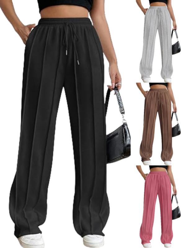Cropped Pants - レディース ワイドパンツ 秋 コットン スパンデックス 伸縮性 ハイウエスト ドローストリング ロング丈 ストレート ミッドウェイト ポケット ポケット付き ゆったり ラフ 日常使い 黒 グレー ブラウン 中厚手 ポケット 黒 グレー ブラウン 綿95%