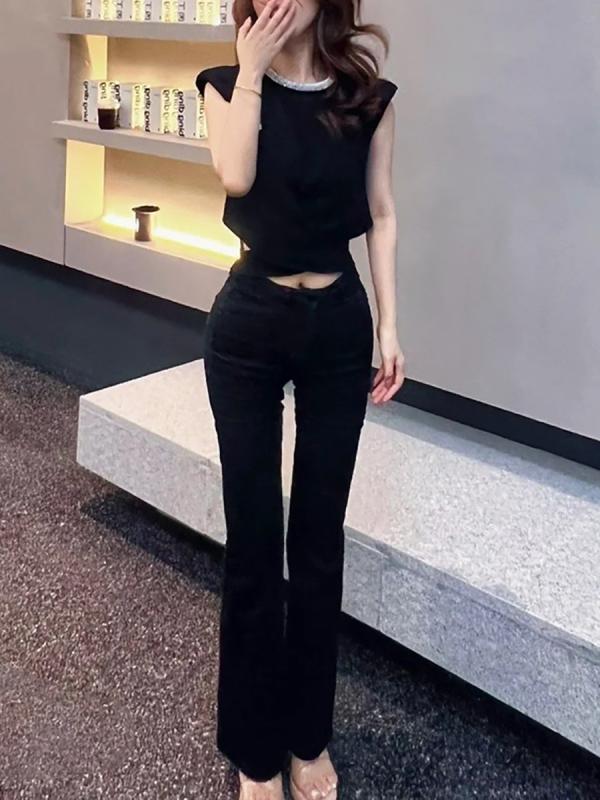 レディース ワイドパンツ 高腰 マイクロフレア コットン 素材 通勤風 気質 スタイル 超模黒 色 純色 ロング丈 ゆったり シルエット 軽..