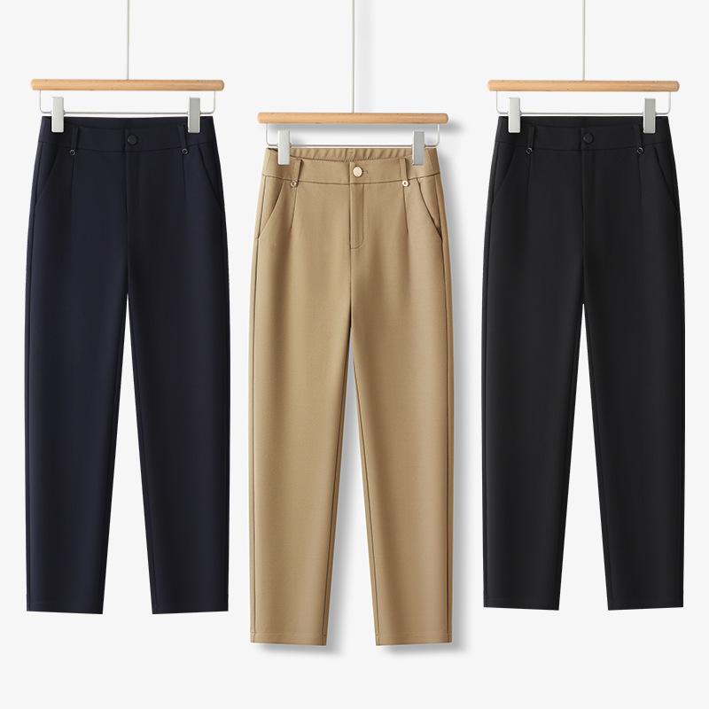 Rakuten - レディース ワイドパンツ 直筒 フレンチパンツ ロング丈 松緊腰 ニット ナイロン 混紡 高弾力 春季 かき 黒 紺 日常使い 快適 フィット スリム 脚長効果 カジュアル スタイル 中年向け 軽量 ストレッチ 素材 ゆったり シルエット ボタン デザイ