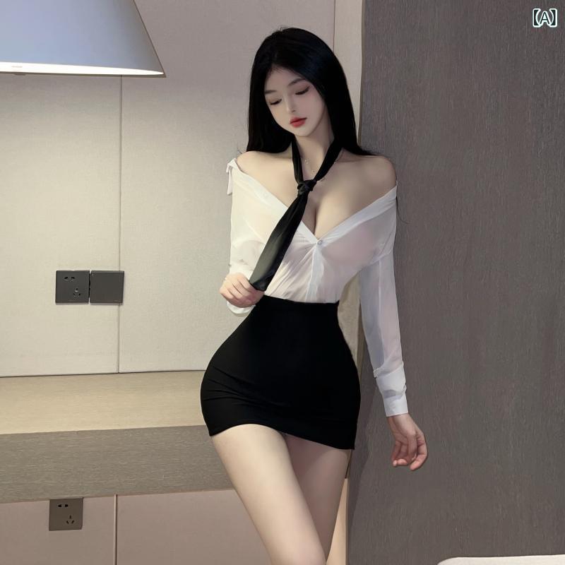 乐天商城 - レディース セクシー ランジェリー 秘書 制服 セット 誘惑 透視 教師 調教 包臀 スカート ポリエステル ポリエステル繊維 袋装 女性用 夏 黒 かわいい ゲーム スタイル 透視 スタイル 職業 スタイル