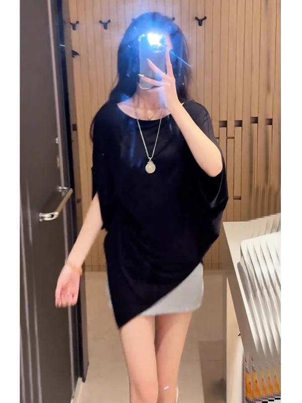 Tシャツ 女性用 夏 ゆったり 短袖 ラフスタイル 不規則 デザイン スリム 腹カバー ...