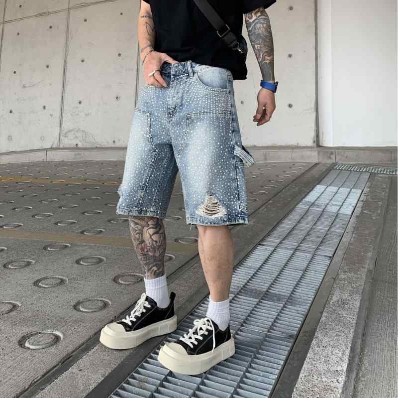 メンズ デニム ショーツ 黒 夏 潮 ブランド ワイド ストレート レジャー ワーク 七分丈 牛仔 綿 ポリエステル 微弾性 ストリート スタ..