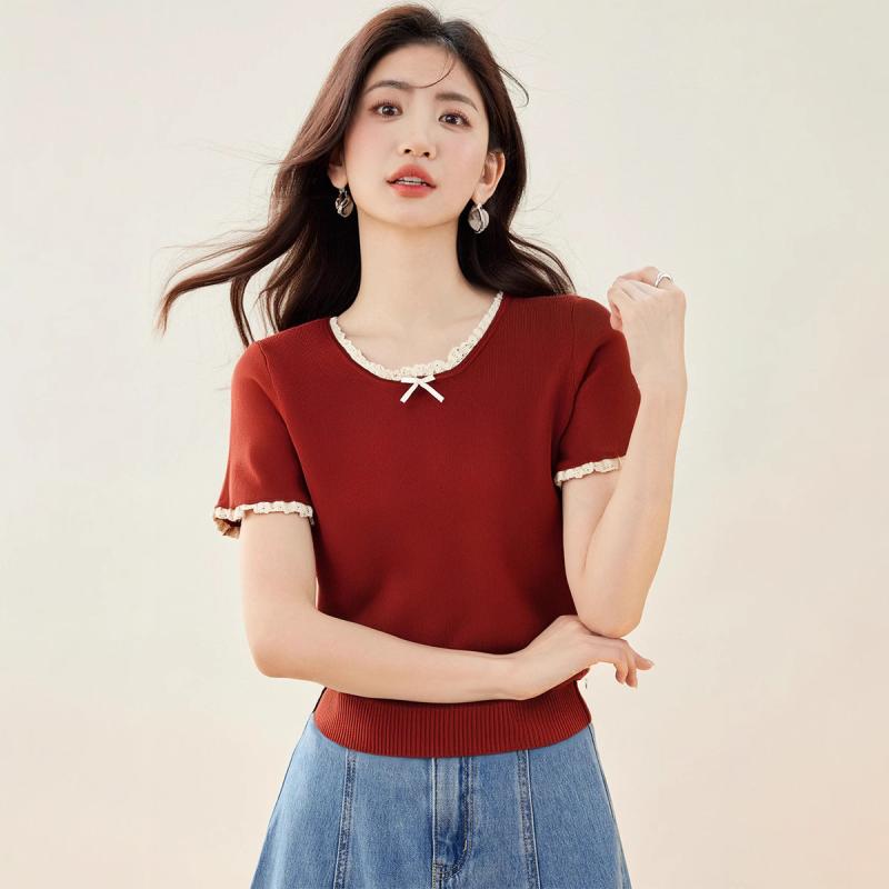 Other - Tシャツ レディース 短袖 赤 レース 切り替え 蝶結び 丸首 修身 短丈 夏 気質 通勤 優雅 接触冷感 ポリエステル ピグメントプリント セットインスリーブ 2025年 夏 赤 S M L XL スタイル 優雅 クロスボーダー 気質 優雅 Tシャツ