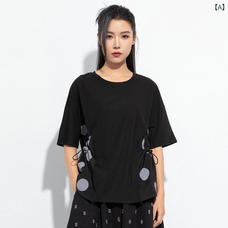 Tシャツ レディース 短袖 黒 綿 ローマンコットン ルーズフィット ラウンドネック ポケット付き 切り替え 幾何学柄 プリント加工 ハフハフスリーブ 街頭スタイル ダーク 夏 日常使い カジュアル トップス シャツ ブラウス ユニセックス