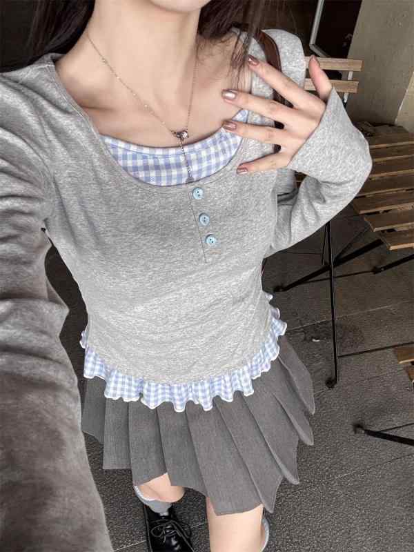 ・カテゴリ: Tシャツ・スタイル: 学院風・主な素材: モダール90-95%・主な素材2: スパンデックス30%以下・柄: ピースカラー・ネックライン: クルーネック・袖丈: 長袖・袖型: 標準・フィット: スリム・衣丈: ショート(40-50cm)・流行要素: ステッチ、コントラストカラー・カラー展開: グレー・サイズ展開: S,M,L,XL