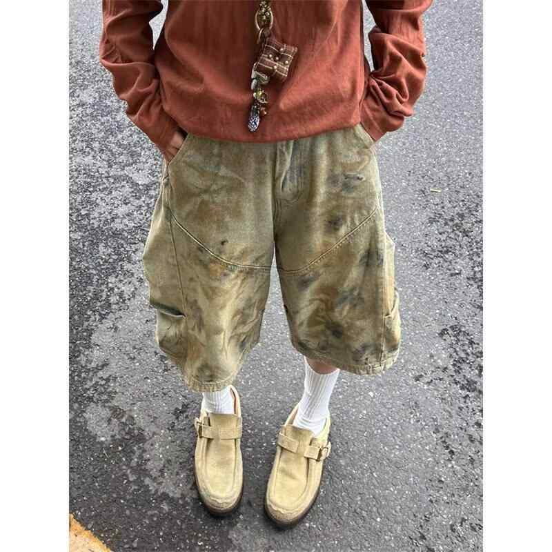 乐天商城 - メンズ デニム ショーツ ヴィンテージ風 ウォッシュ加工 汚し 加工 牛仔布 綿 素材 微弾力 直筒 シルエット 夏 春夏 街頭 スタイル 痞帅 ルック ゆったり シルエット 七分丈 ショーツ ワイド レッグ デザイン 運動 スタイル 普段使い 軽量 素