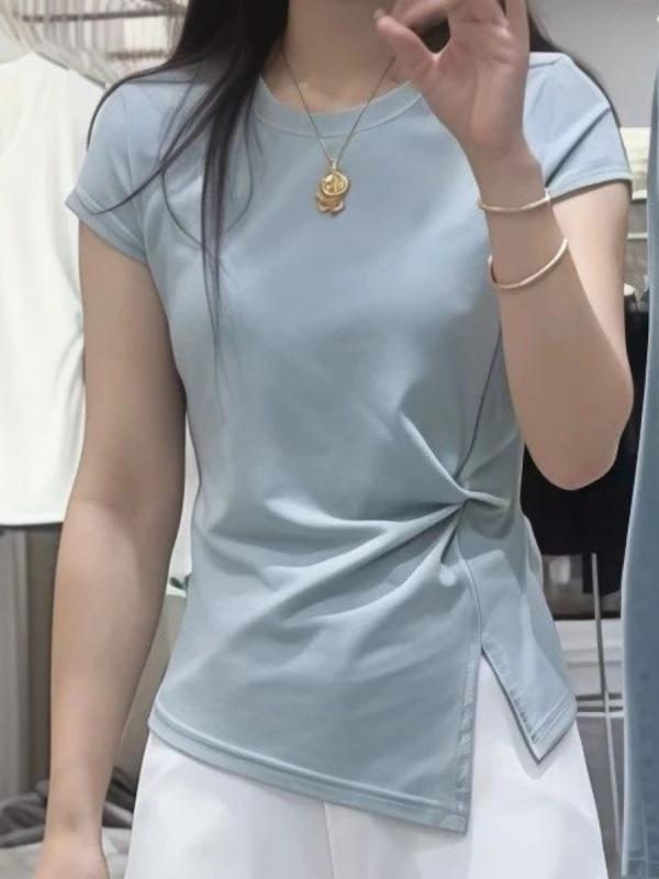 レディース Tシャツ 短袖 綿 スパンデックス 混合 素材 純色 デザイン 丸首 スリム 効果 裾 スリット 不規則 ヘム 肩 パッド 入り 通勤 スタイル 気質 優雅 白色 黒 紺 夏 トップス シャツ ブラウス インナー 普段使い