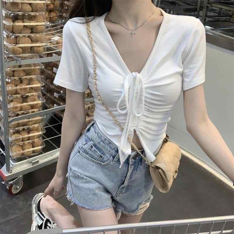 Tシャツ レディース Vネック 短袖 不規則デザイン 開叉 抽绳 スリム 別致 上衣 修身 系带 純色 春季 白色 黒 灰 私服 名媛 御姐風 聚酯繊維 氨纶 90-95%