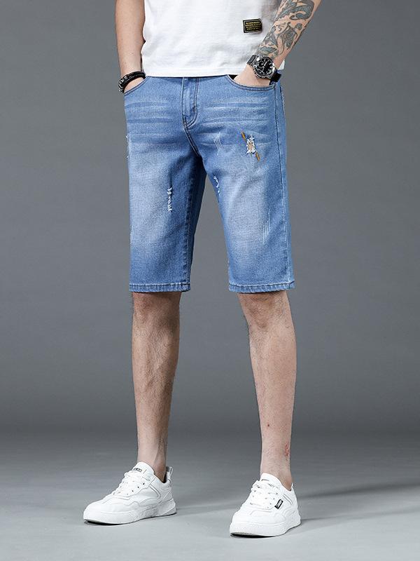 Half Pants, Shorts - メンズ デニム ショーツ 破れ デザイン シンプル ファッション トレンド ストレート 伸縮性 長絨 コットン ミックス ポリエステル 再生繊維 スパンデックス 夏 シーズン ブルー ライトブルー カジュアル 普段使い アウトドア 軽量 快適 フィット