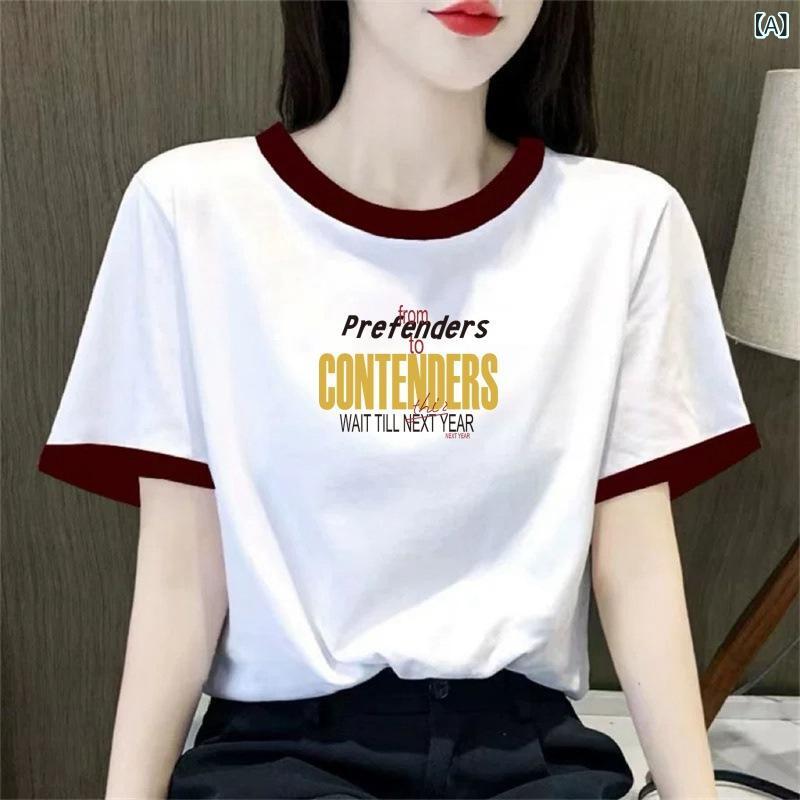 Tシャツ レディース 短袖 トップス 丸首 プリント インパクトデザイン 撞色 春夏 涼しい ポリエステル 素材 赤 緑 黒 紺 コントラスト柄 カリフォルニア風 ロゴ モト風 ハット モチーフ 快適 私服 御姐風 女性用 上衣